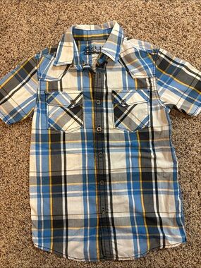 Helix Blue, White & Yellow Plaid Short-Sleeve Button-Down